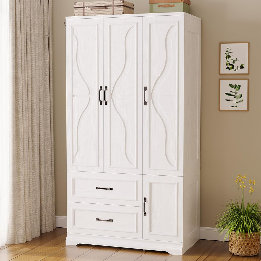 Armoire Wardrobe Closet with 4 Doors and Drawers, White | Wardrobe Cabinet with Storage Shelves and Side Hooks