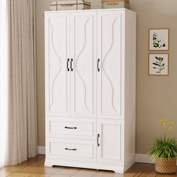 Armoire Wardrobe Closet with 4 Doors and Drawers, White | Wardrobe Cabinet with Storage Shelves and Side Hooks