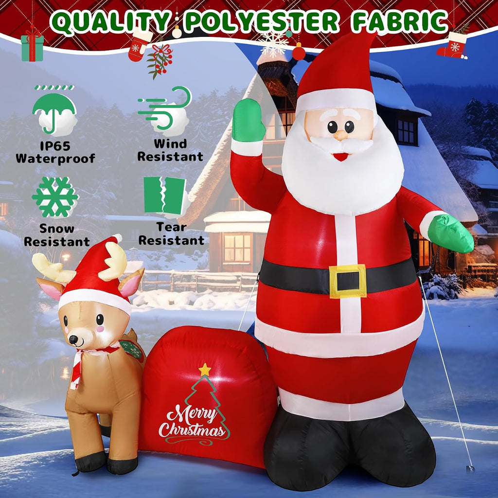 7Ft Christmas Inflatable Santa Clau Built-in LED Lights, Outdoor Decoration Santa with Reindeer and Christmas Ball