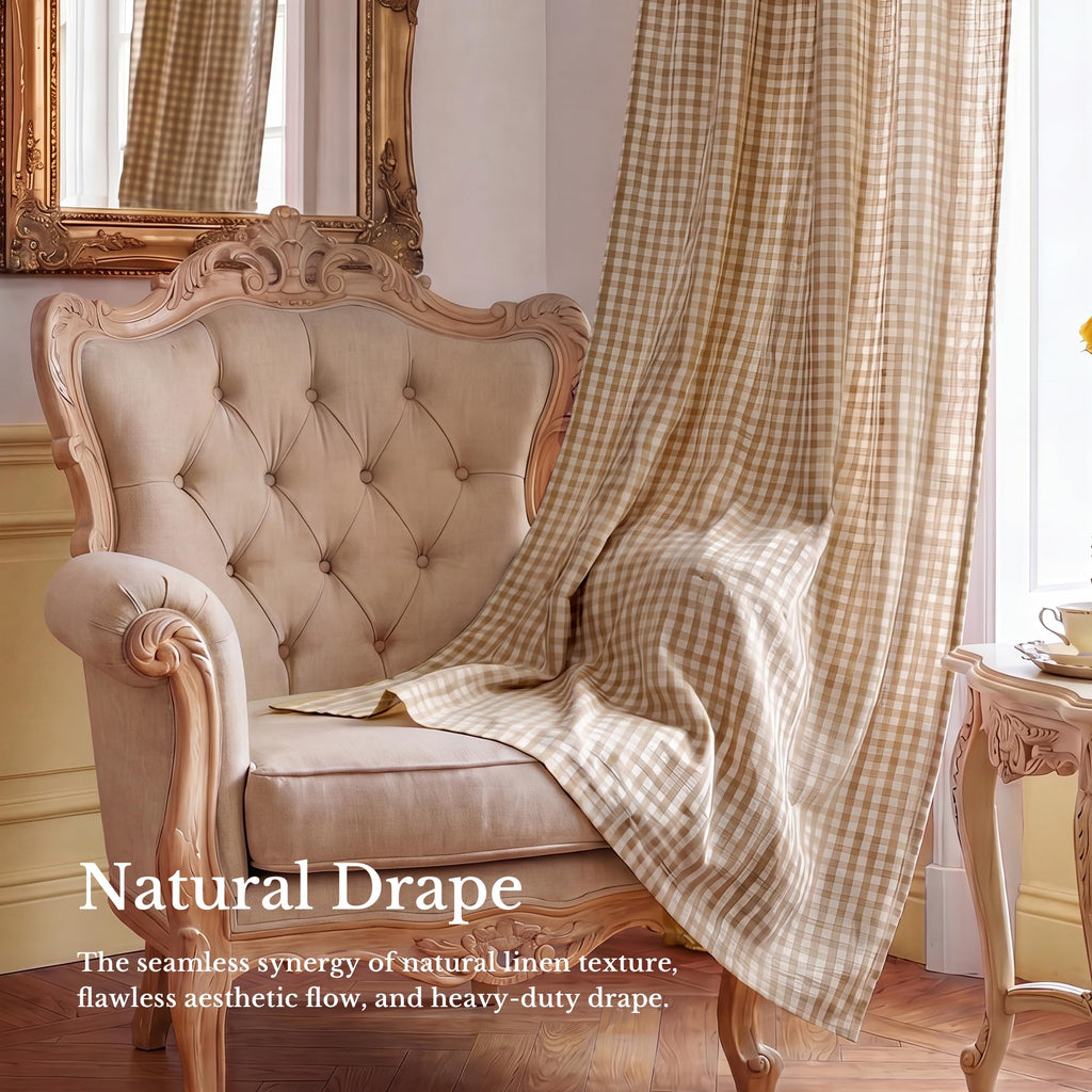 Linen Blend Taupe Gingham Curtains, Tie Top Bow Knot Home Decor Checkered Drapes Farmhouse Semi Sheer Plaid Window