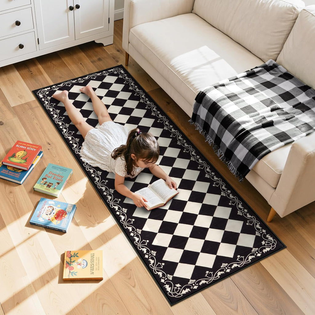 Checkered Kitchen Runner Rug 2x6 Vintage Modern Washable Runners s Non Slip Low Pile, Moroccan Framhouse Bathroom