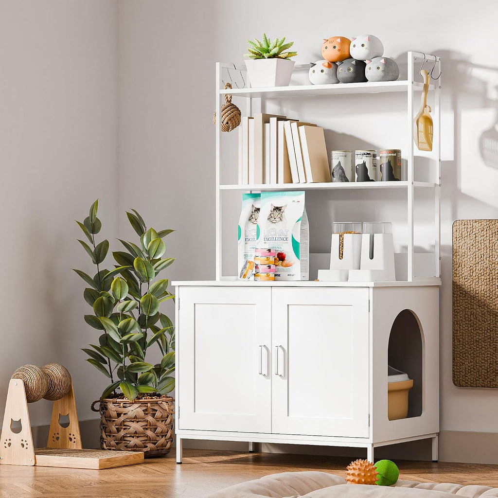 Cat Litter Box Enclosure with Storage, 57'' Hidden Cat House Furniture, Wooden Cat Cabinet with Shelves & 4 S-Hooks