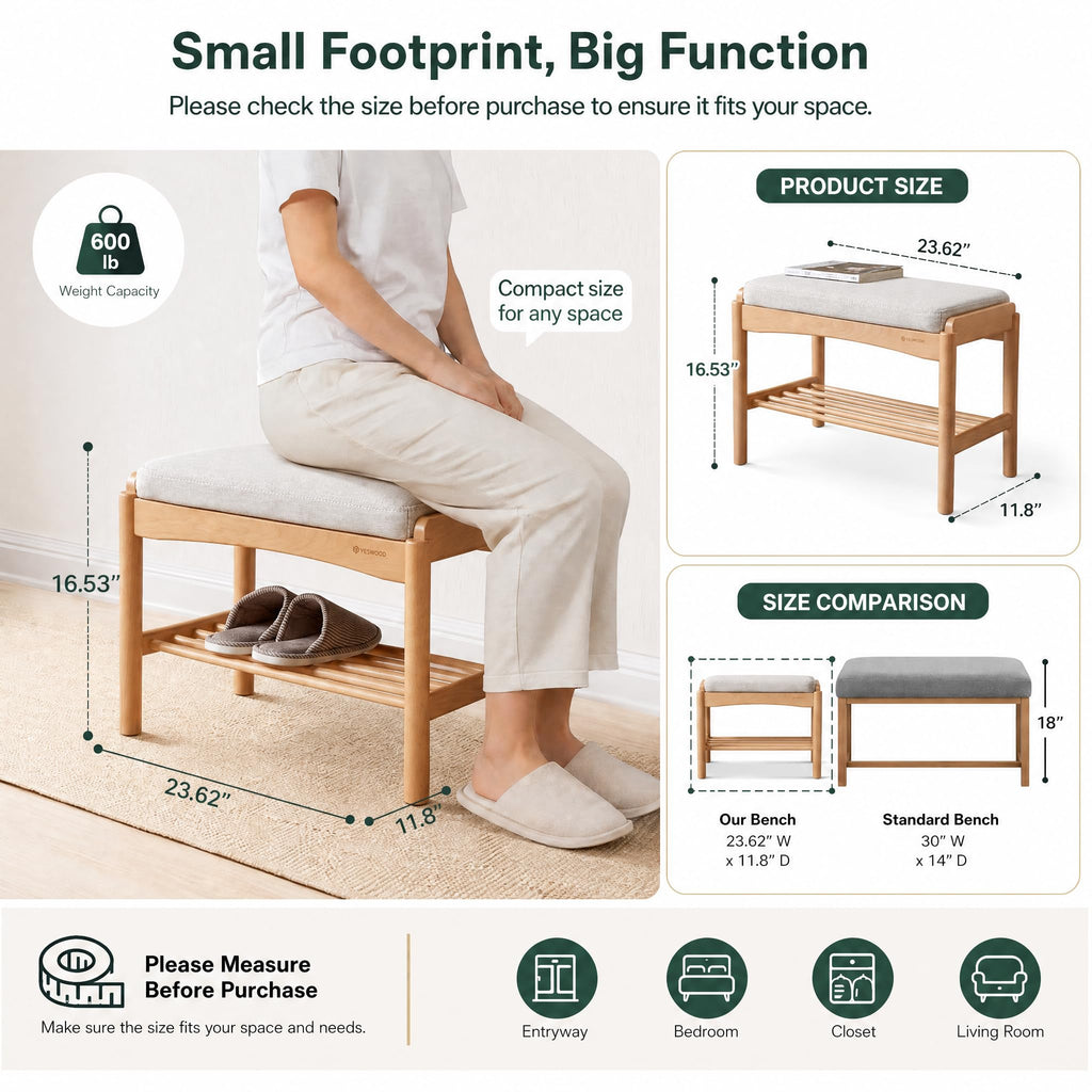 Oak Wood Shoe Bench, 24 Inch Entryway Bench with Light Gray Cushion
