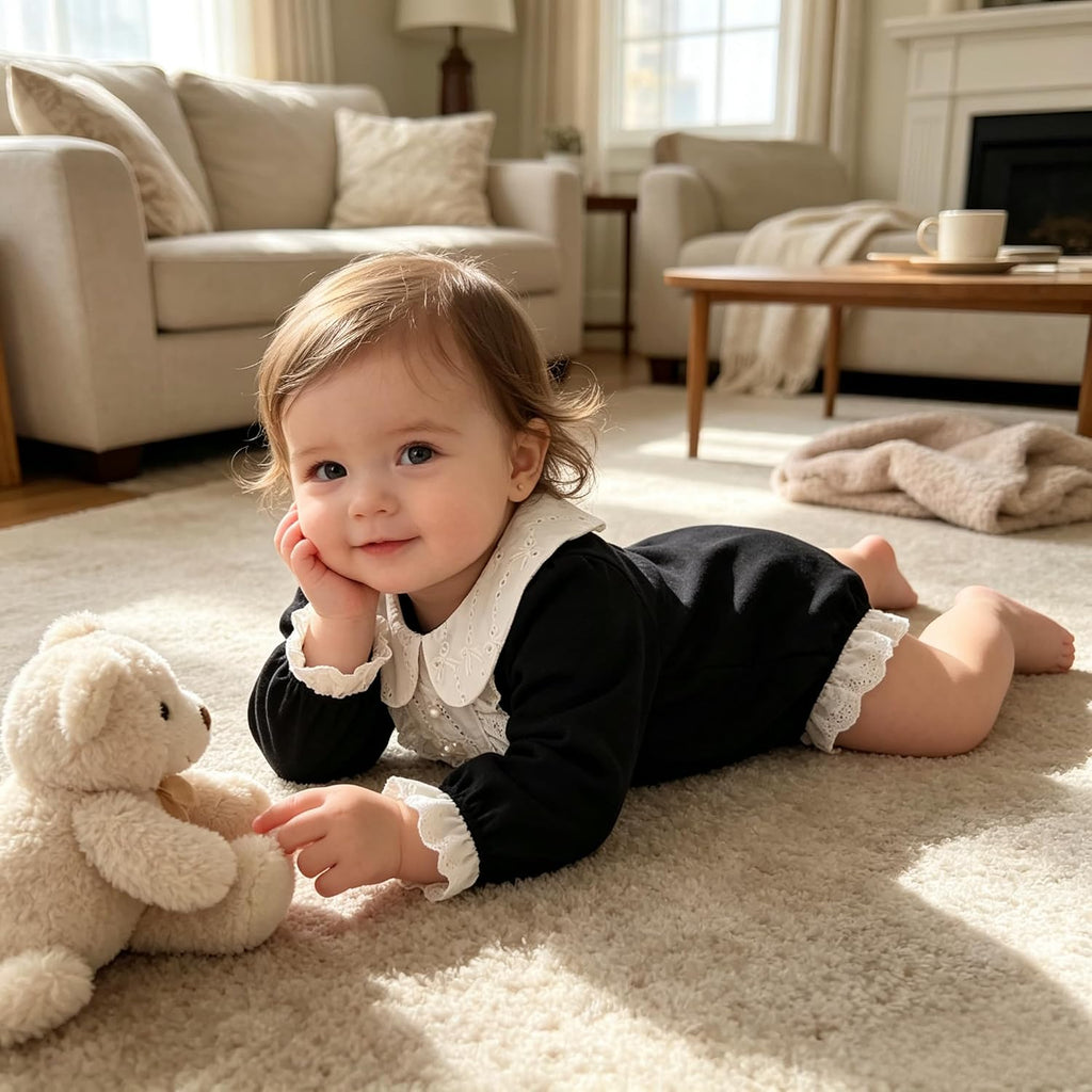 Vintage Newborn Girls Black Lace Trim Peter Pan Collar Bubble Romper