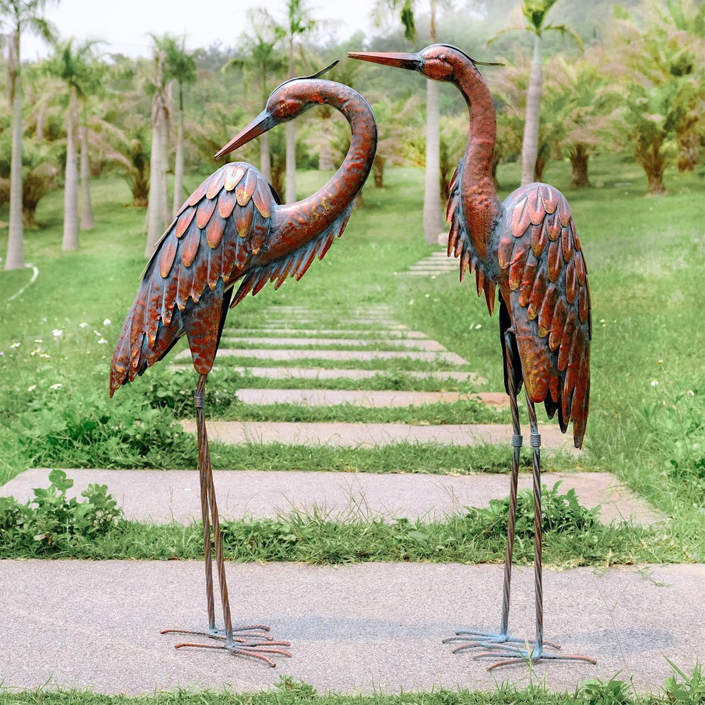 Outdoor Metal Heron Statues, Crane Sculptures for Garden Yard