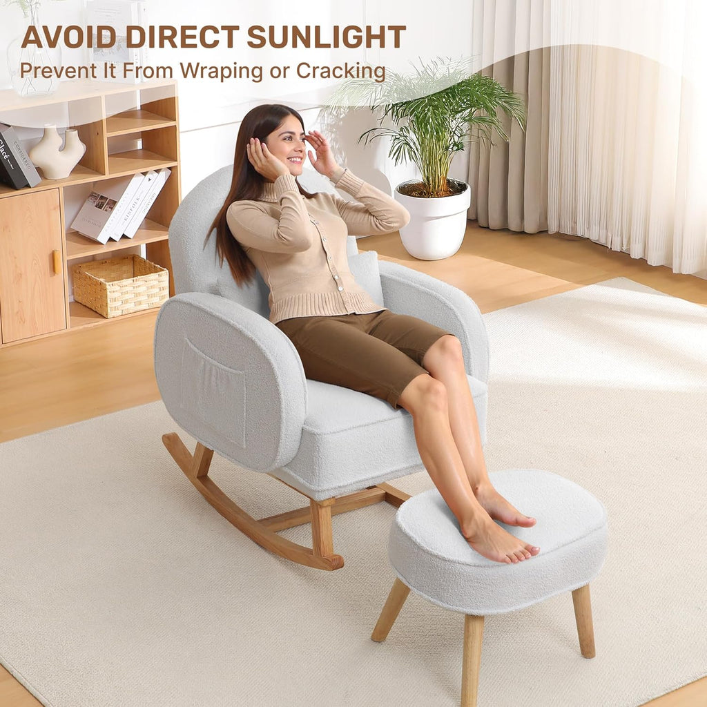 Rocking Chair Nursery with Ottoman Footrest, Upholstered Glider Rocker with High Backrest and Side Pocket, Rocking
