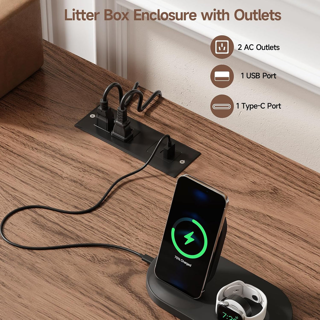 65 Inches Cat Litter Box Enclosure for 2 Cats, Walnut