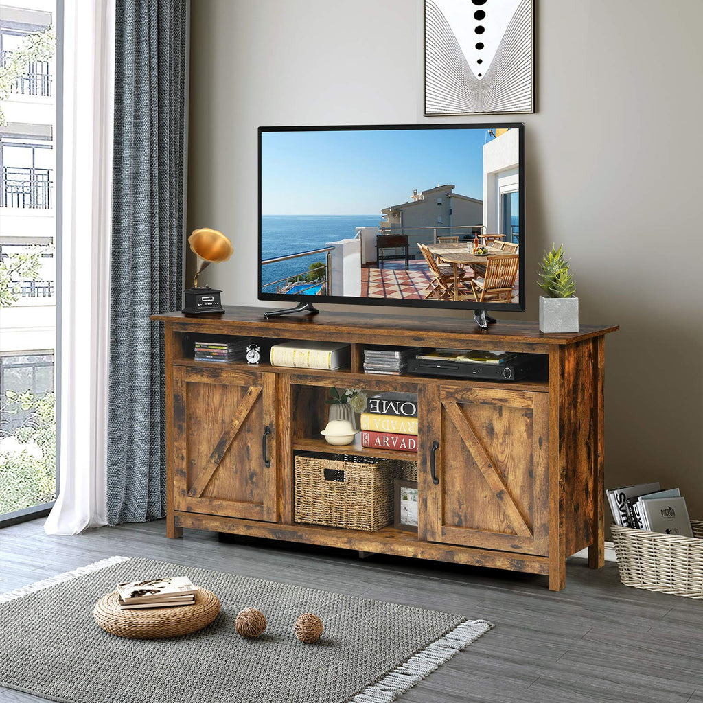 Industrial TV Stand with Barn Doors for TVs up to 65 Inches, Farmhouse TV Console Cabinet with Shelves & Cabinets