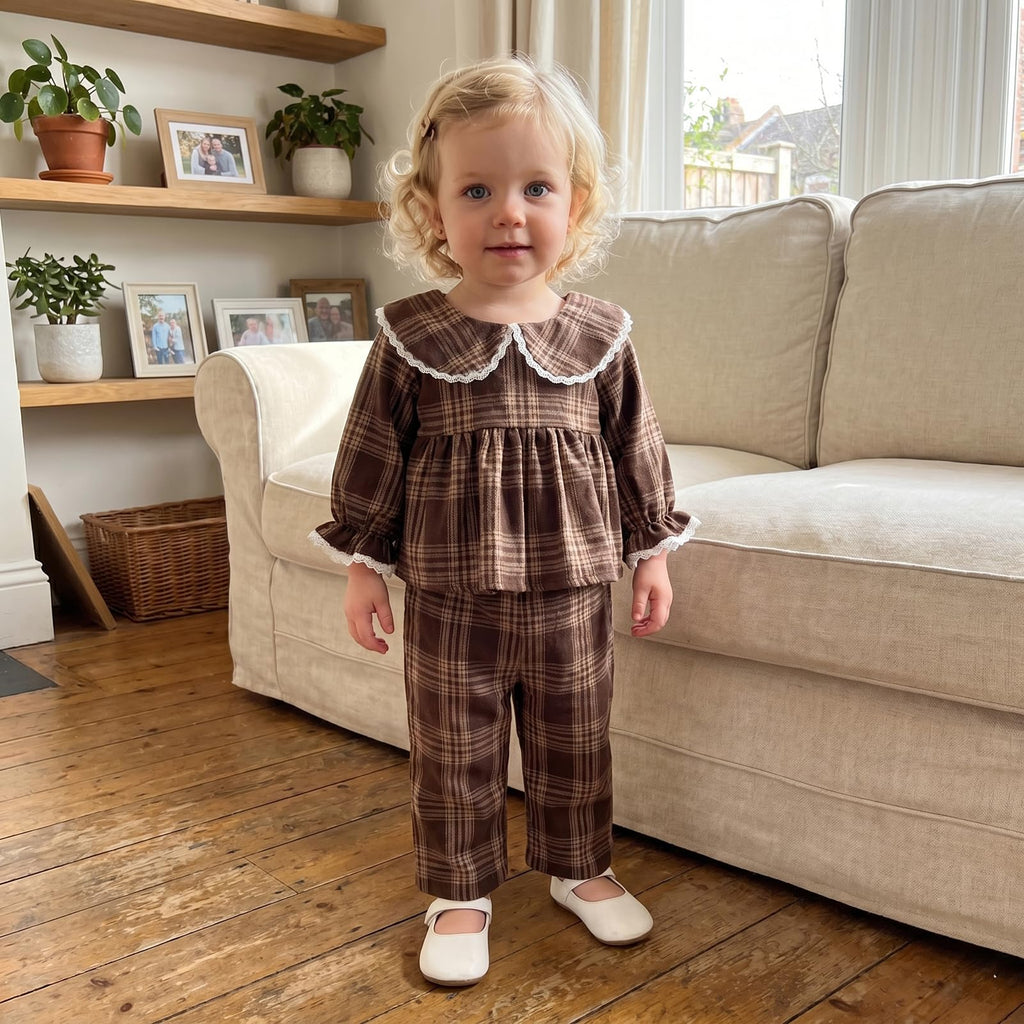 Baby Girl Peter Pan Collar Outfit Gingham Top Pants Set Fall Winter Clothes (Brown, )