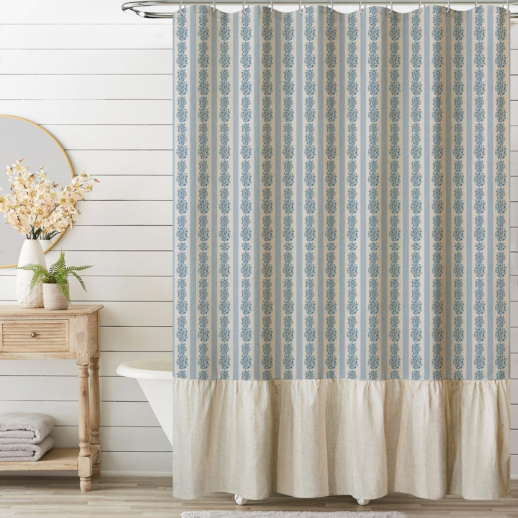 Blue Stripe Linen Textured Ruffle Shower Curtain - Vintage Floral Block Print, Boho Cottagecore Farmhouse French