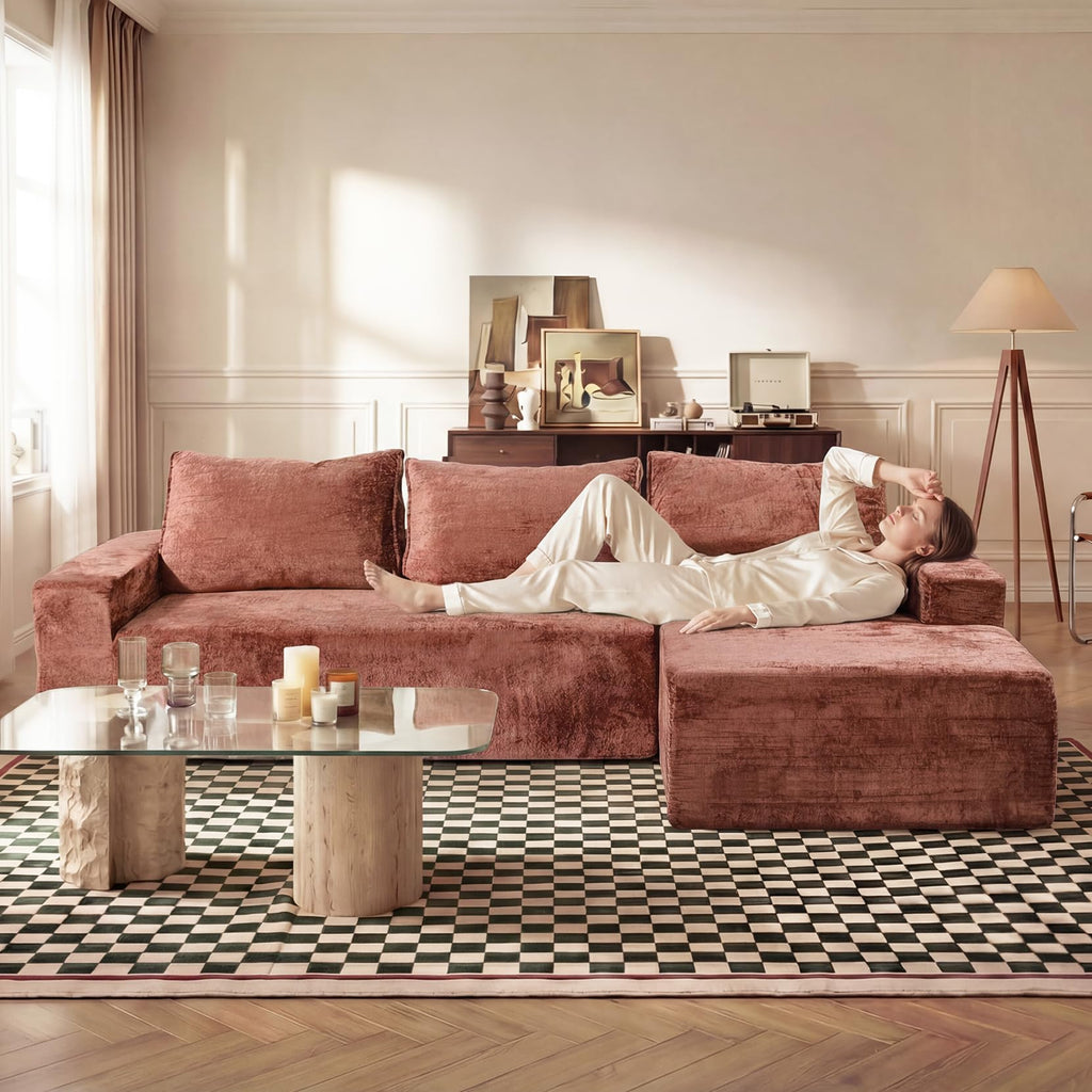 95" Boneless Couch, L-Shape Sectional with Right Chaise, Rust Red