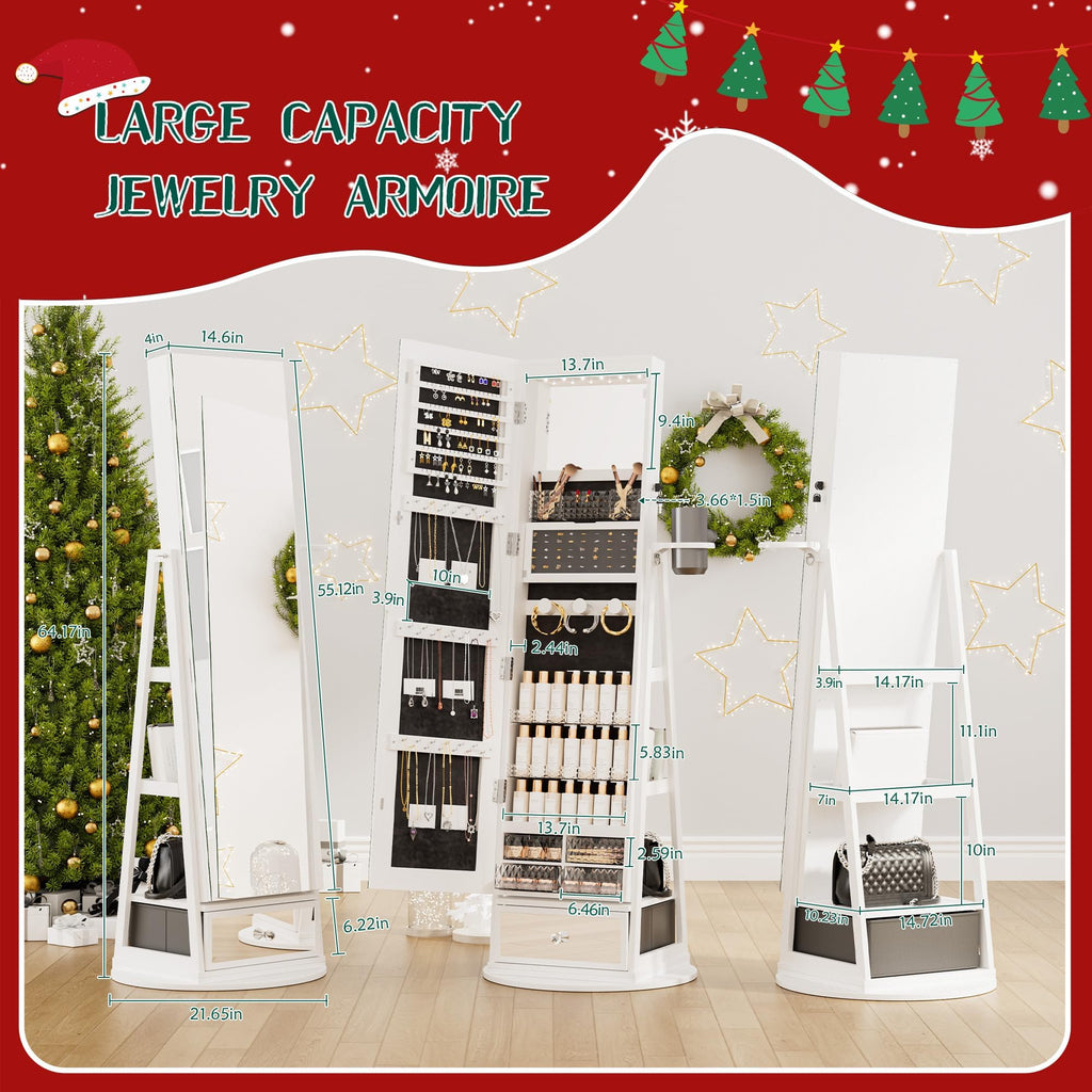 Mirror Jewelry Cabinet Standing, 360° Swivel Full Length Mirror with Drawer