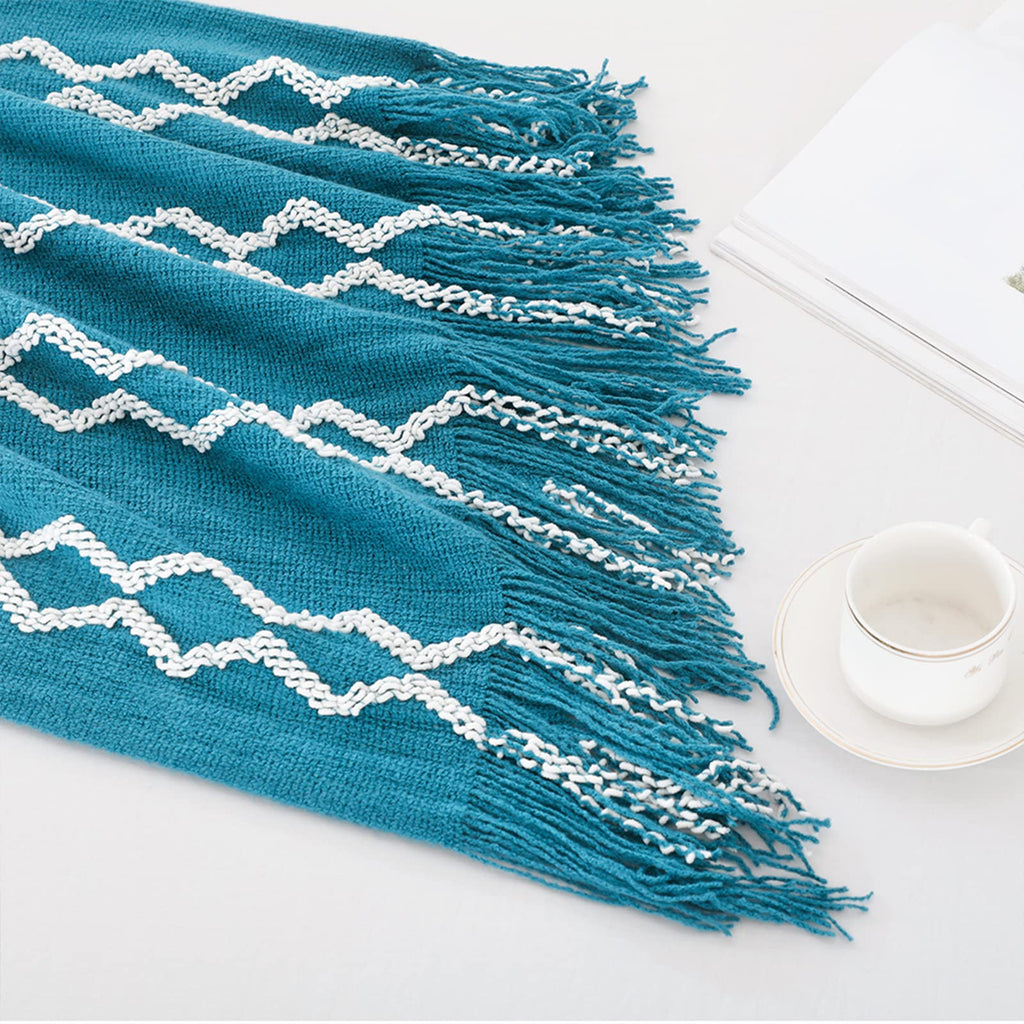 Knitted Throw Blanket Boho Chenille Outdoor Blanket, Teal 60x80Inch