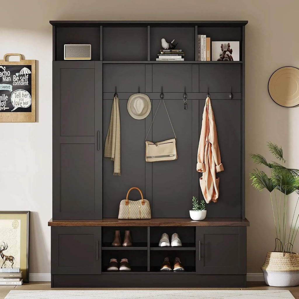 Rustic Hall Tree with Bench and Shoe Storage, 55''W Entryway Bench with Coat Rack, 6 Hooks, Storage Cabinets & Top