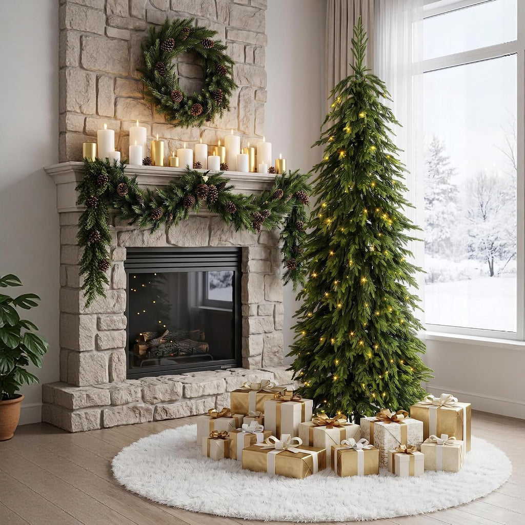 Artificial Norfolk Pine Tree, Prelit Christmas Tree with 200 Twinkling LED Lights, 398 PE Tips, Realistic Slim