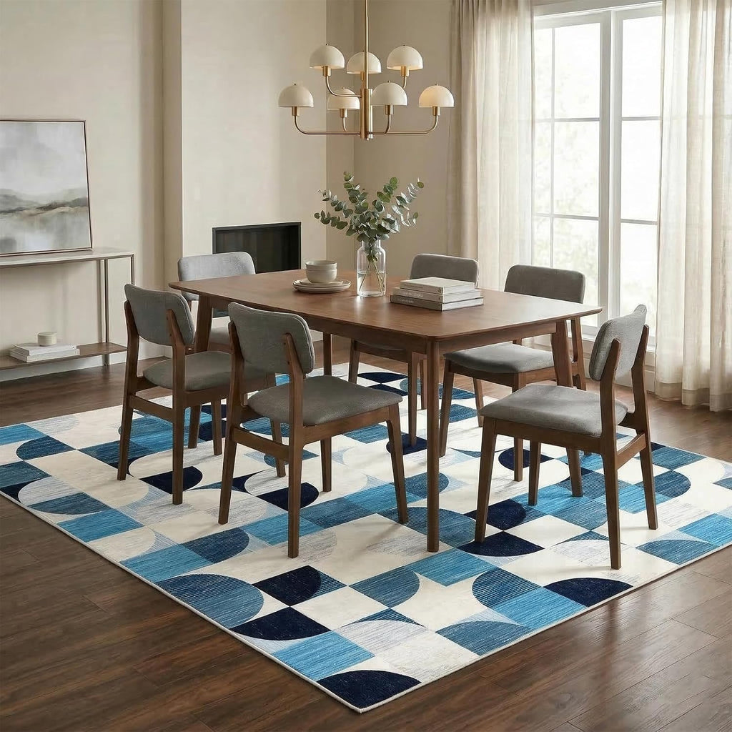Washable Area Rug Geometric Style Modern Rugs, Blue Checkered Rug Soft Low Pile Lightweight Rugs Indoor Non Slip