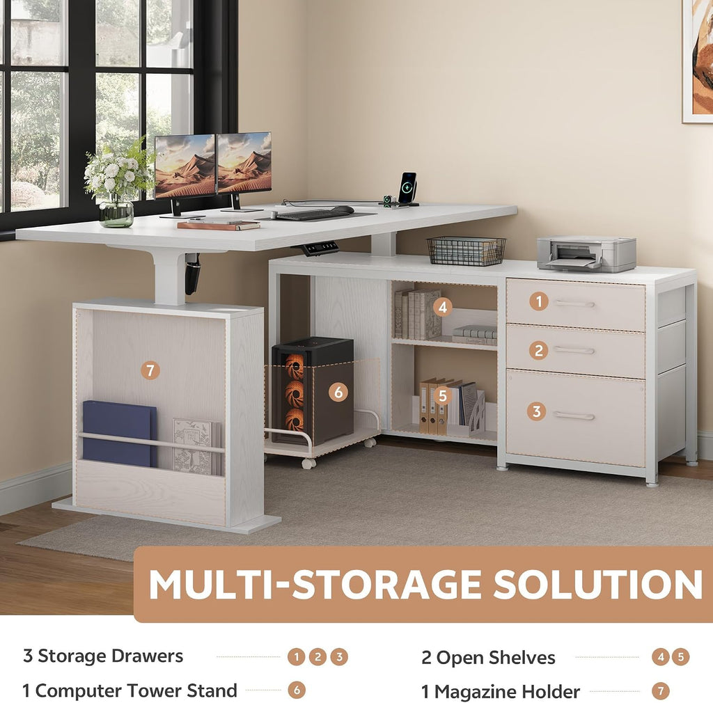 63'' L Shaped Desk with 3 Drawers Electric Standing Desks White | with Storage Computer Desk Adjustable Height with