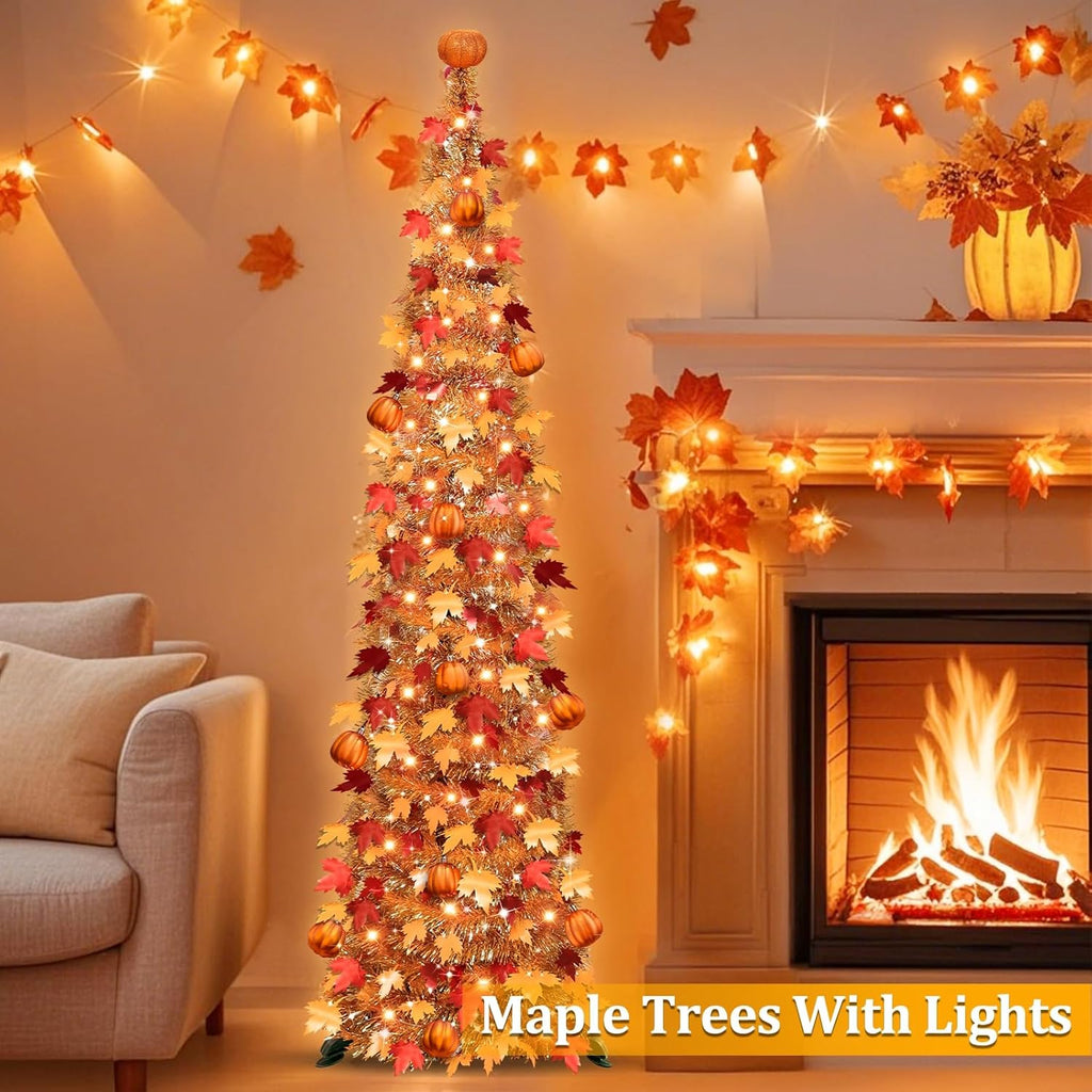 5 FT Fall Tree Fall Decor, Tinsel Maples Tree with 50 Warm White Lights