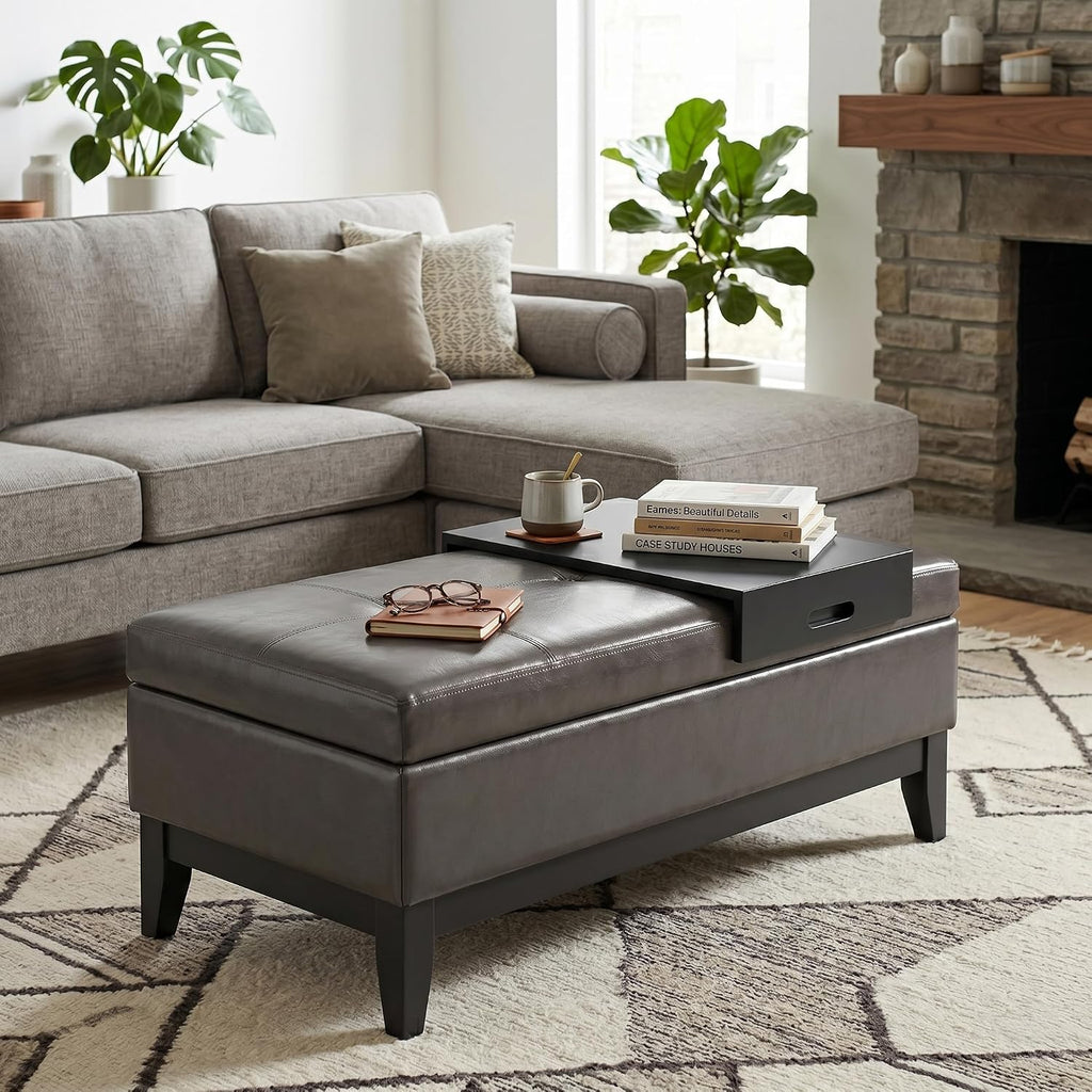 Oregon 42" Wide Vegan Leather Storage Ottoman in Tanners Brown