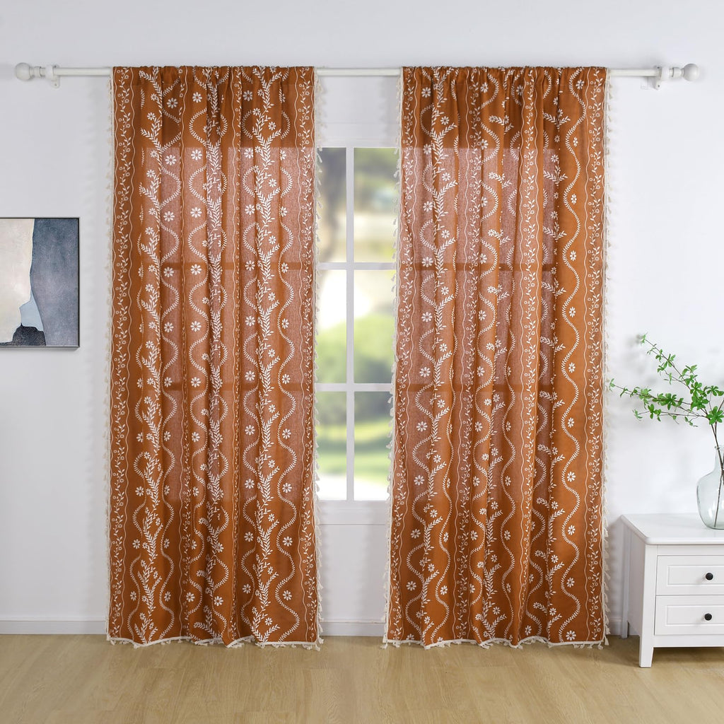 Burnt Orange 90 Inch Long Tassel Curtains 2 Panels