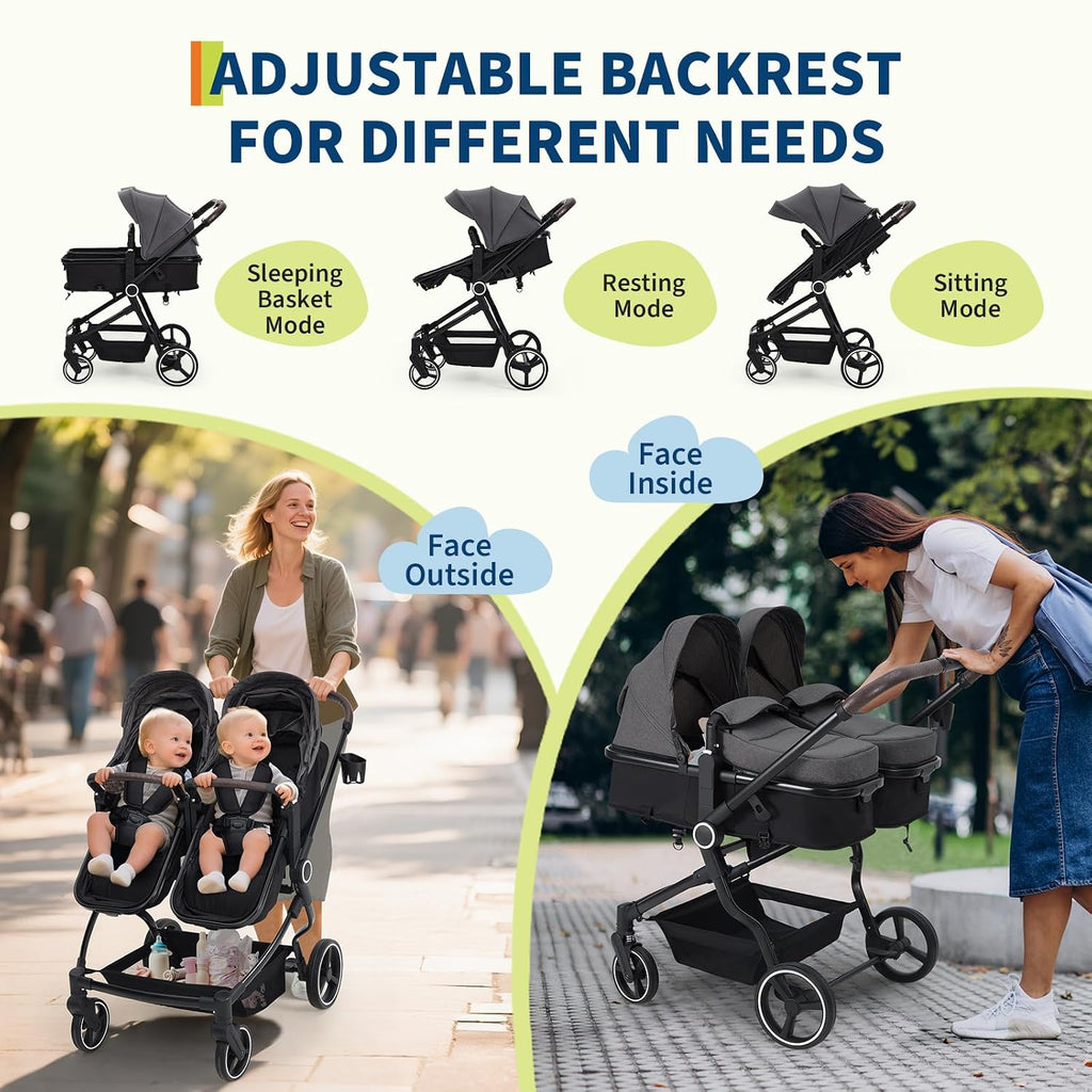 Double Stroller for Twins, One-Click Quick Fold Lightweight Newborn and Toddler Stroller with Point Safety Harness