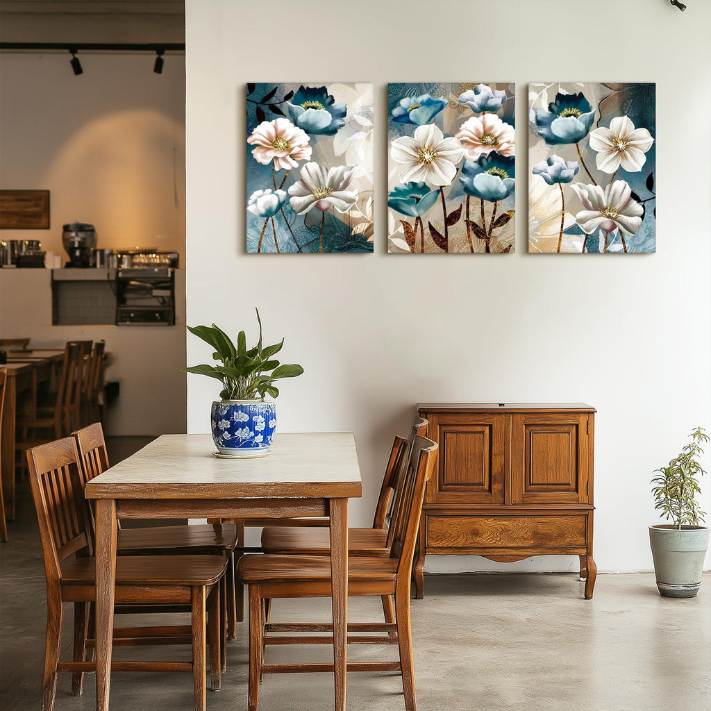 3 Piece Blue Lotus Wall Art, Floral Canvas Prints