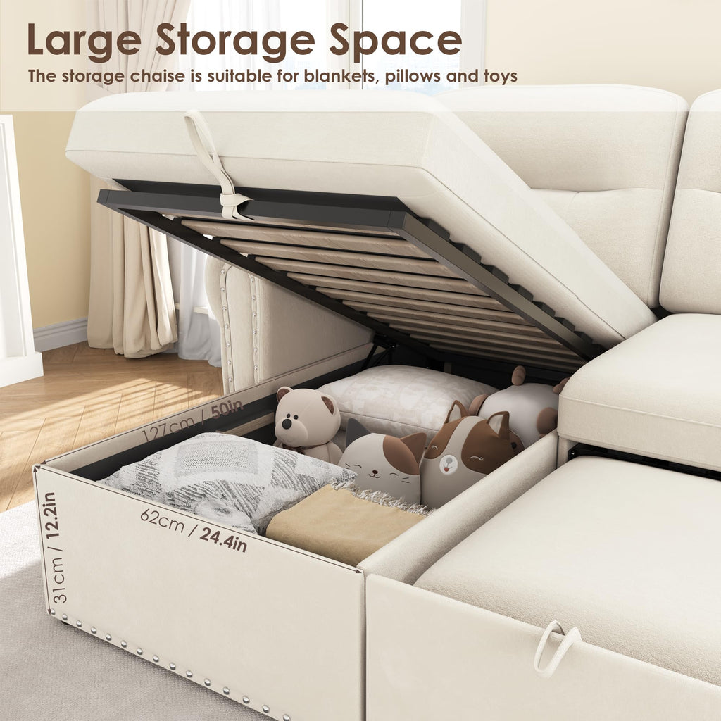 Sleeper Sofa Bed, 83'' Pull Out Couch Bed with Reversible Storage Chaise & Nailhead Armrest, Sectional Couches, Side