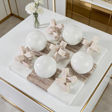Marble Tic Tac Toe Game Set - Natural Organic Stone Board with White and Brown XO Pieces, Luxury Decorative X and O