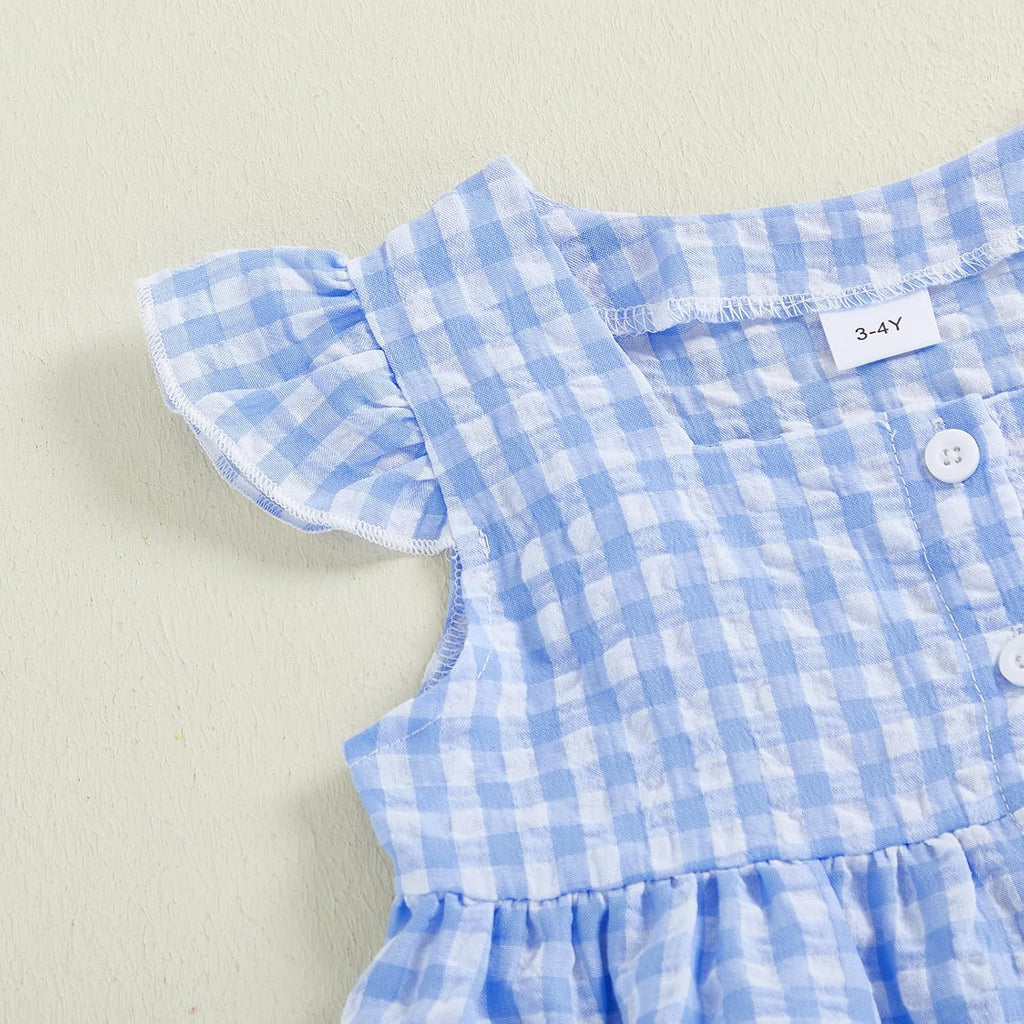 Girls Summer Outfits Ruffle Sleeve Button Up Dress Tops Plaid Linen Pants Spring Toddler Girl Clothes