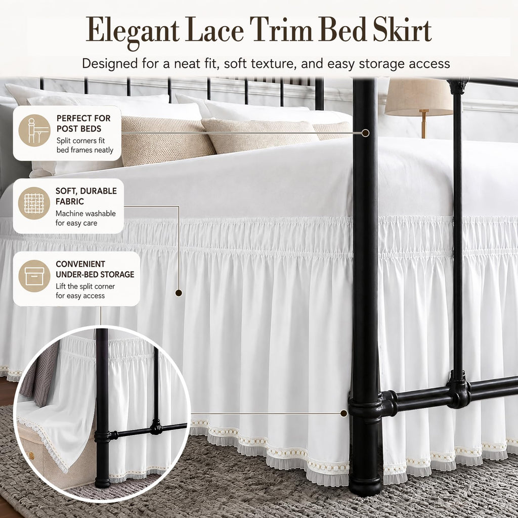 Lace Trim Bed Skirt 15 Inch Drop Split Corners Dust Ruffle