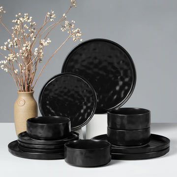 Dinnerware Sets, 12-Piece Plates and Bowls Set, Matte Black