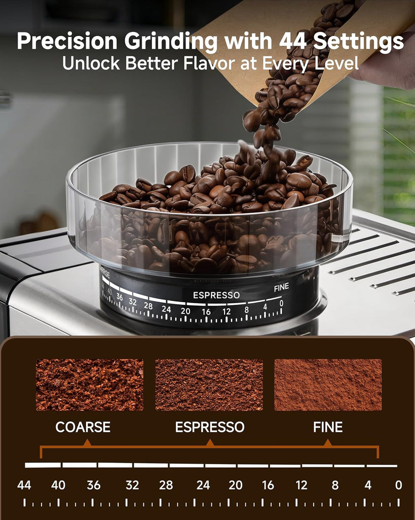 Espresso Machine with Grinder,20 Bar,44 Grind Setting,Milk Frother | Stainless Steel Coffee Maker , Temp Control