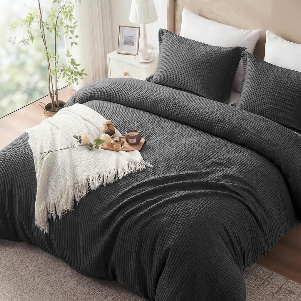 100% Cotton Duvet Cover Queen - Waffle Weave Duvet Cover Set for All Season, Linen Like Textured Bedding Sets 3 Pcs