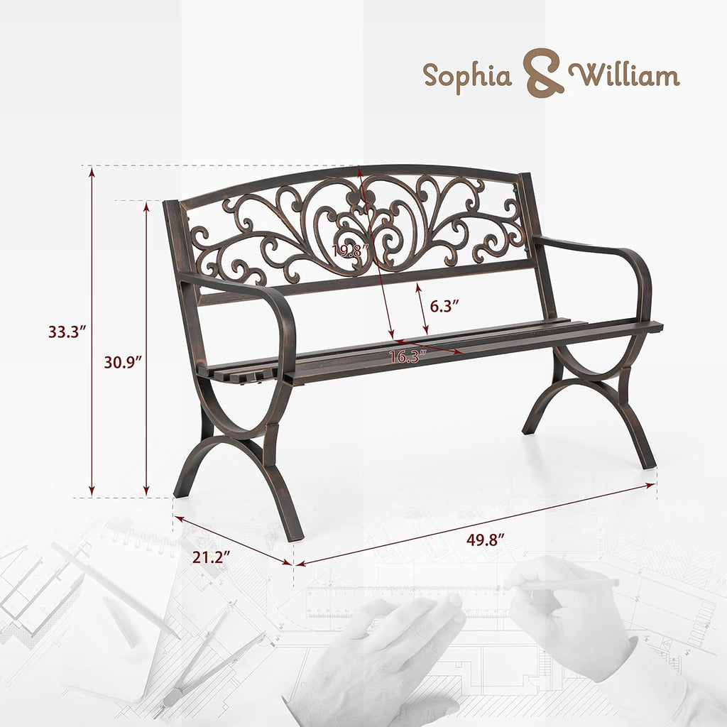 Metal Outdoor Bench Classic Floral Pattern, 50" Bronze | Cast Iron Metal Garden Benches for Outdoors, Front Porch