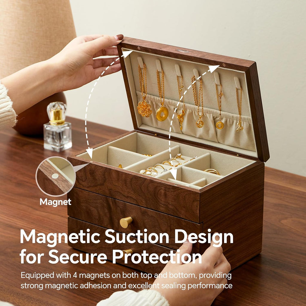 Black Walnut 3 Layer Wooden Jewelry Box Organizer