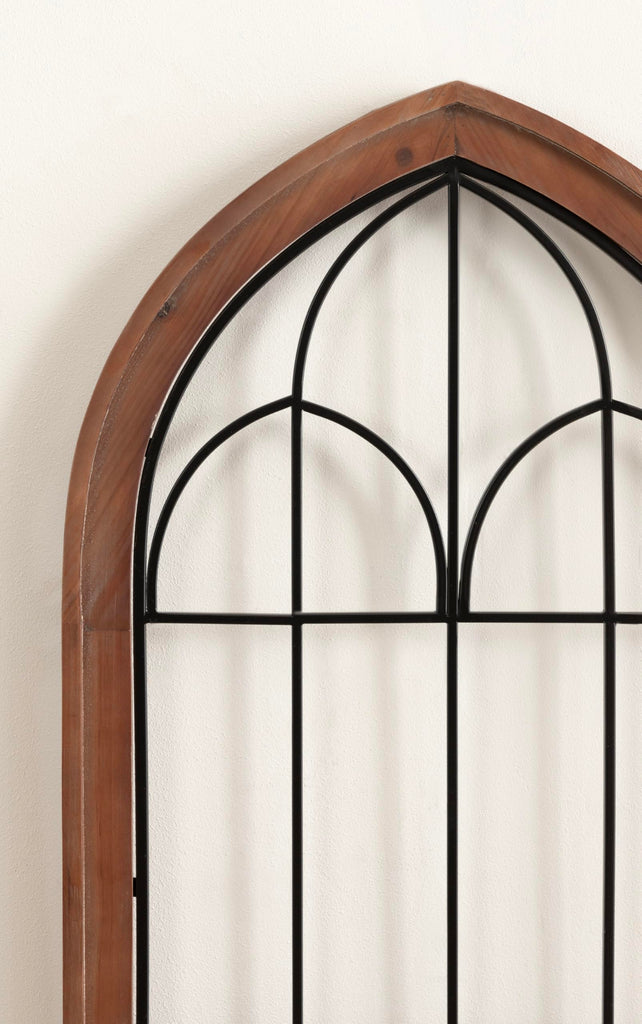 Rennell Farmhouse Arched Wall Art Plaque; 19 x 36; Walnut Brown and Black; Wood and Metal Windowpane Wall Decor for