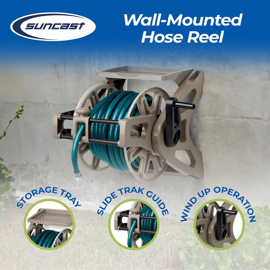 Slide Trak Garden Hose Reel, Wall-Mount Holder with Storage Tray, Dark Taupe - Outdoor Mounted Organizer for 175 Ft