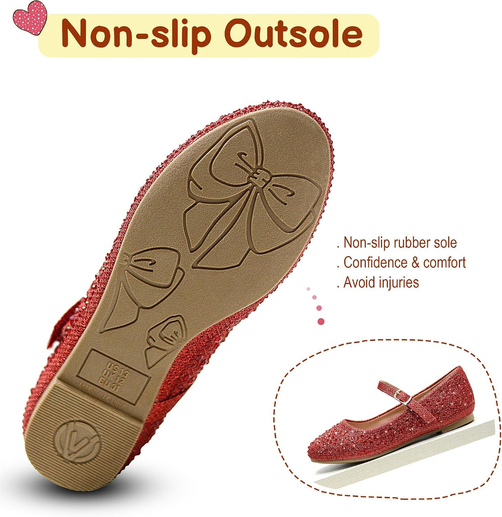 Girls Dress Shoes Sparkle Mary Jane Ballet Flats with Rhinestone Princess Flower Wedding Shoes