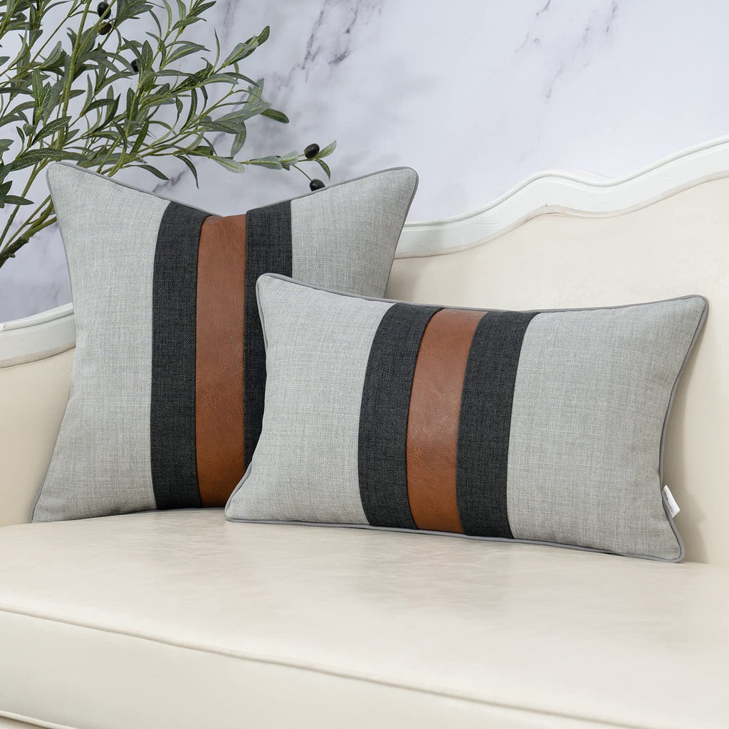 Patchwork Pillow Cover 18x18 Inch Luxury Cotton and Linen Cushion Cover Faux Leather Pillowcover for Couch Bedroom