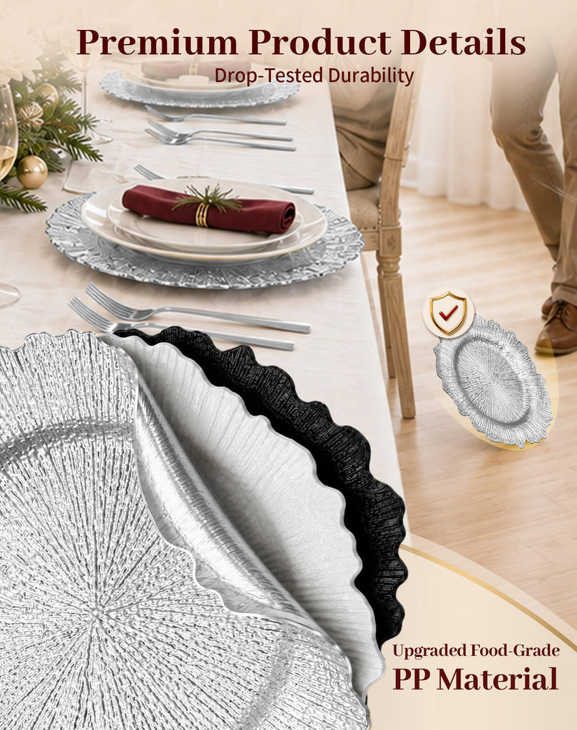 Silver Charger Plates Bulk 50Pcs, 13" Reef Chargers for Wedding