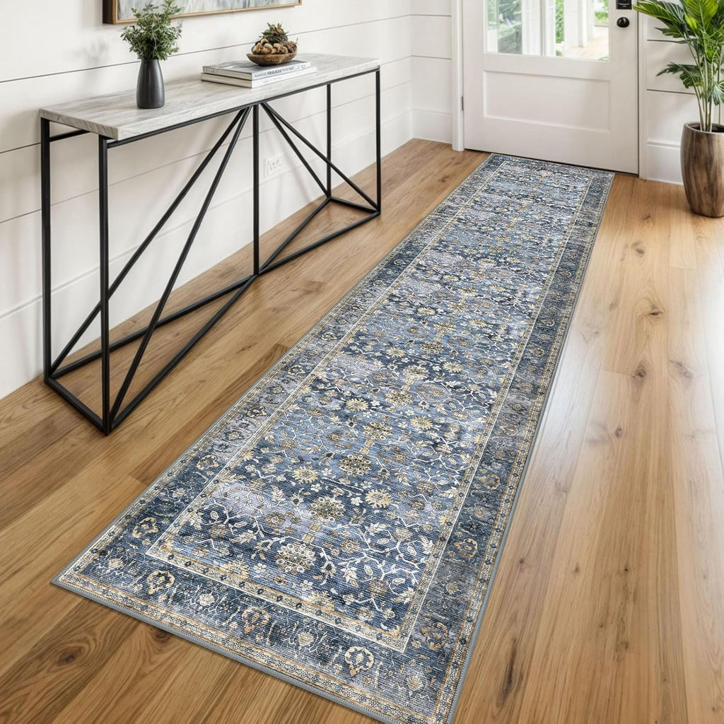Vintage Washable Runner Rug, 2x8 Blue Grey Beige Runners