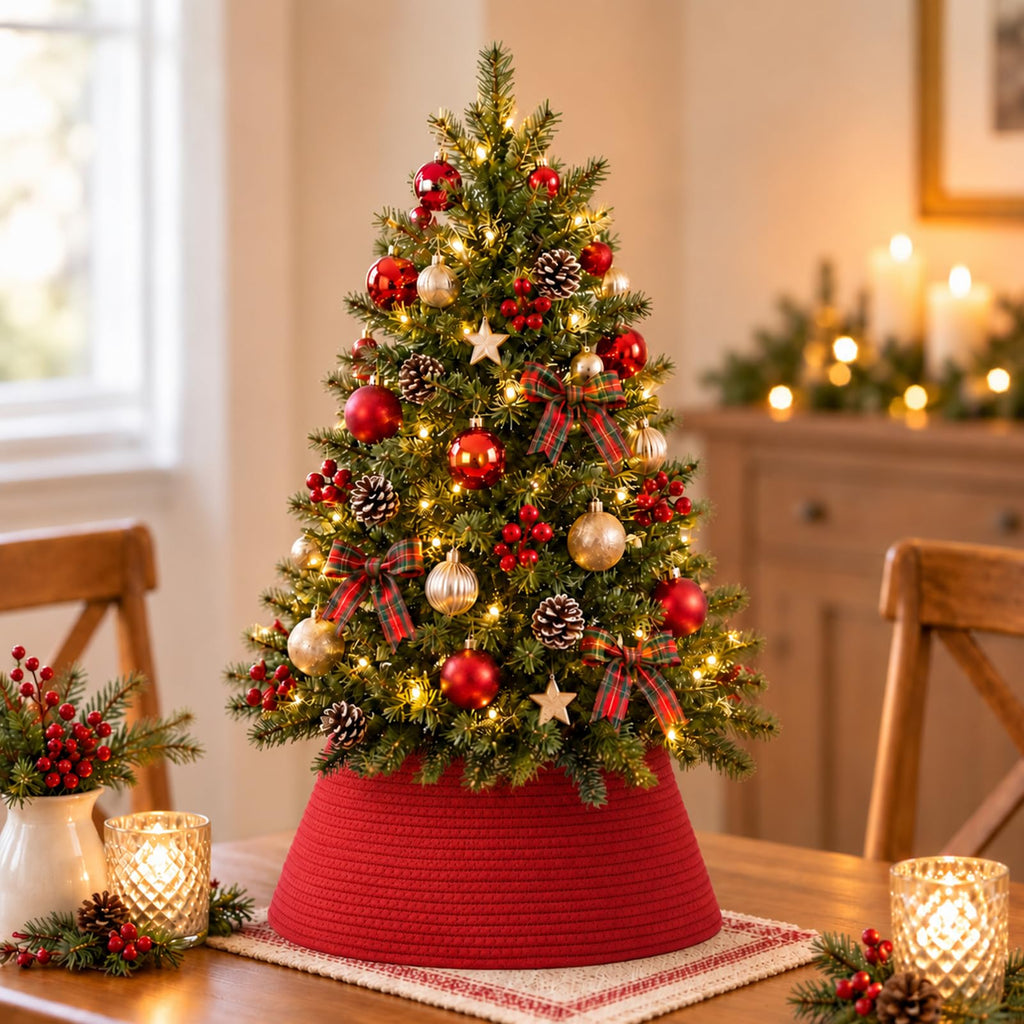 Christmas Tree Collar, Small Tree Skirt for 2-4ft Artificial Trees, Red