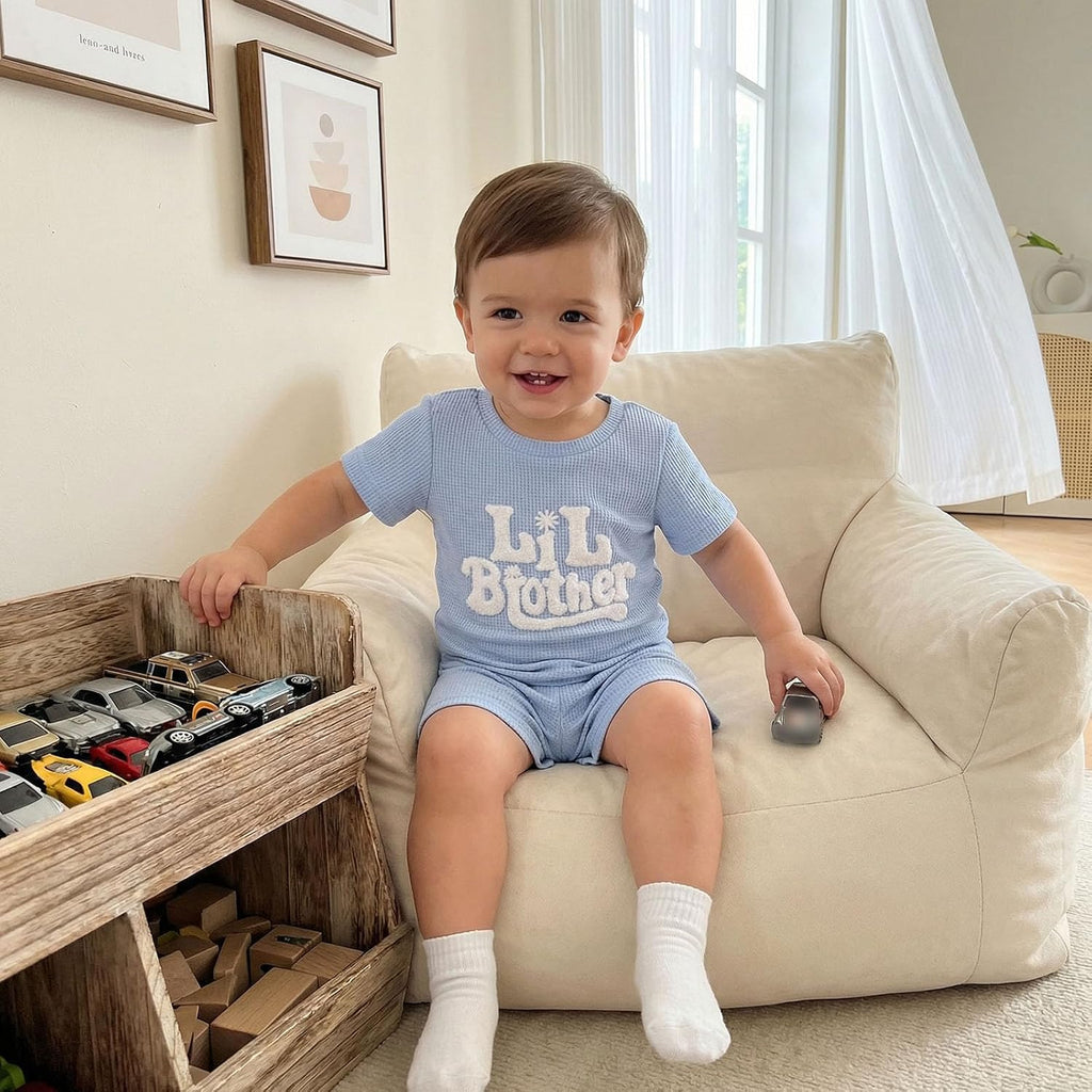 Toddler Baby Sister Brother Matching Outfit Big Sister&Lil Brother Embroidery Waffle Knit Top+Short 2pcs Summer Set