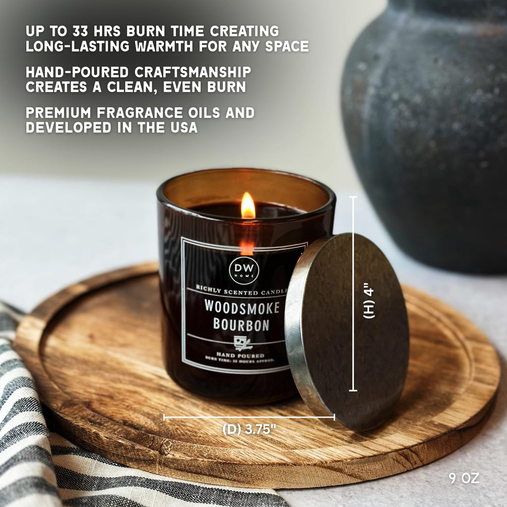 Woodsmoke Bourbon Scented Candle, 9 oz Jar, Hand Poured Single Wick, Up to 33-Hour Burn Time, Smoked Bourbon, Oak