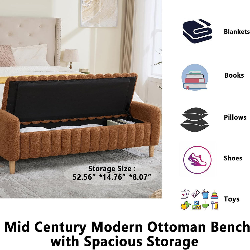Teddy Caramel Ottoman Bench with Storage,63.4" Armed Long Storage Benches for Bed End King Size,Channel Tufted
