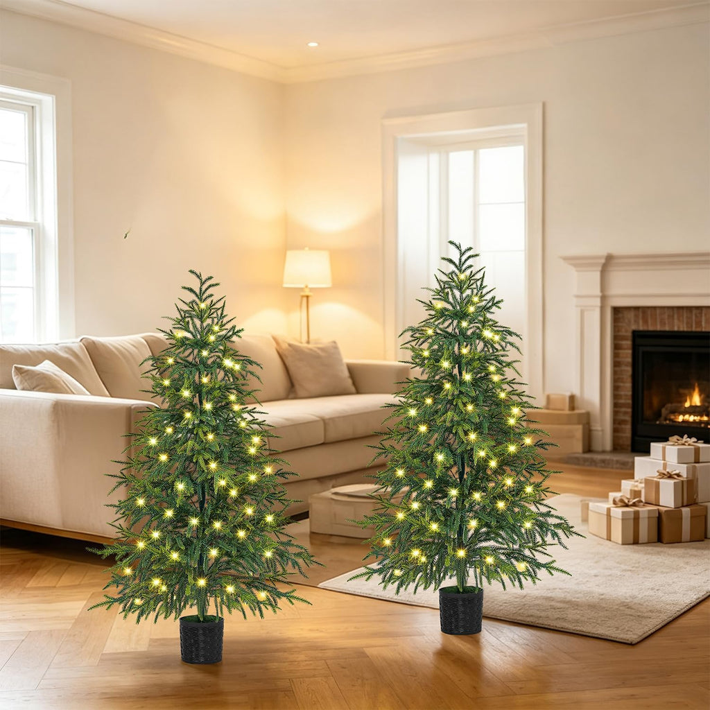 4FT Pre-Lit Artificial Christmas Tree 2 Pack, Norfolk Potted Tree