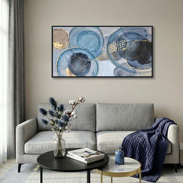 Blue Abstract Geometric Circle Canvas Wall Art - 20x40 Inch Framed Modern Minimalist Painting Print, Easy to Hang