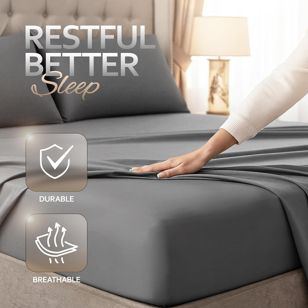 Queen 4 Piece Sheet Set, Extra Soft Cooling & Breathable Microfiber, Includes 1 Flat Sheet, 1 Fitted Sheet & 2