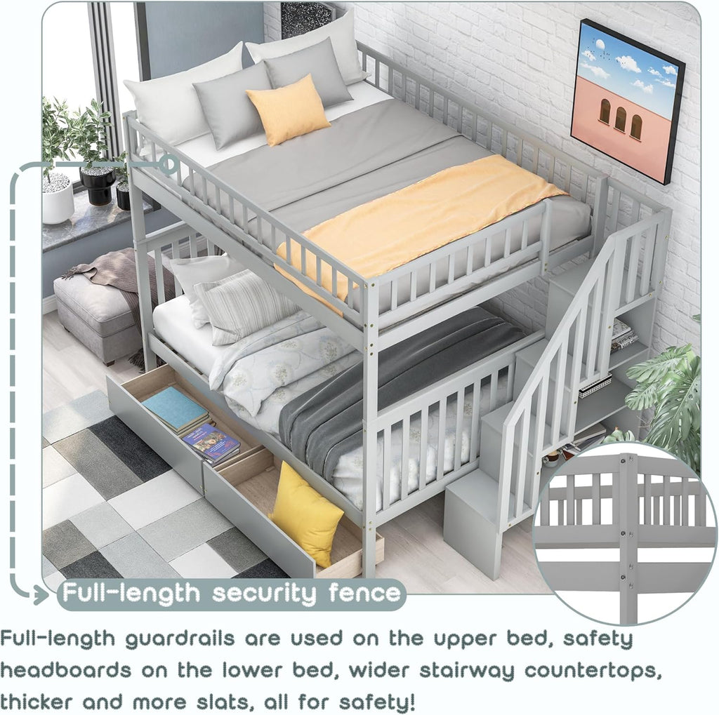 Full Over Full Bunk Beds with Stairs Stairway Bunk Bed Frame with Storage Shelves for Kids Teens Adult