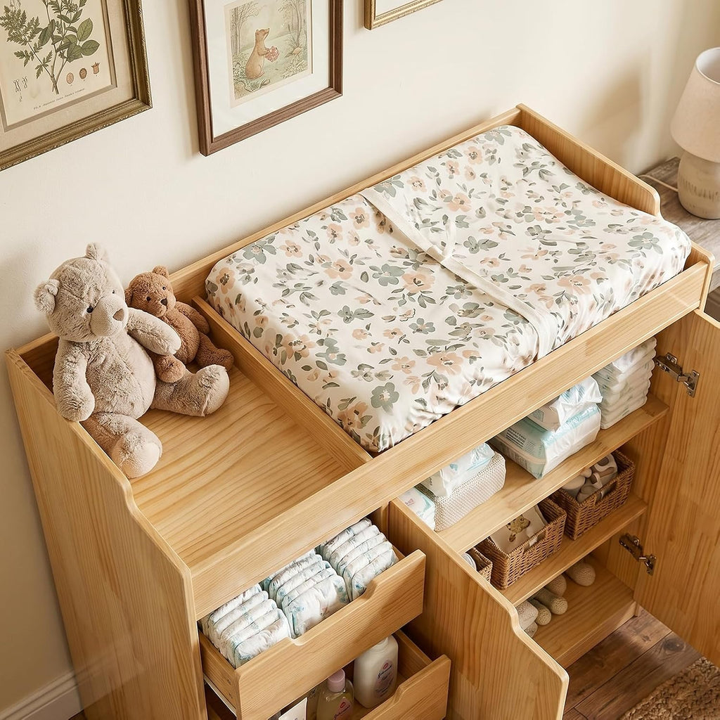 Nursery Dresser with Changing Table Top, 47.2" W Baby Dresser with 4 Drawers & Raised Guard, Solid Wood Infant Diaper